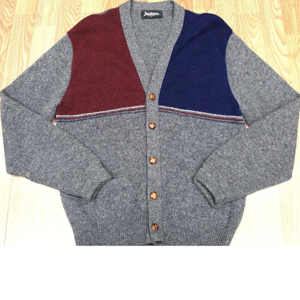 VTG JANTZEN CARDIGAN SWEATER WOOL GRAY, NAVY & DARK RED Sz LARGE, L